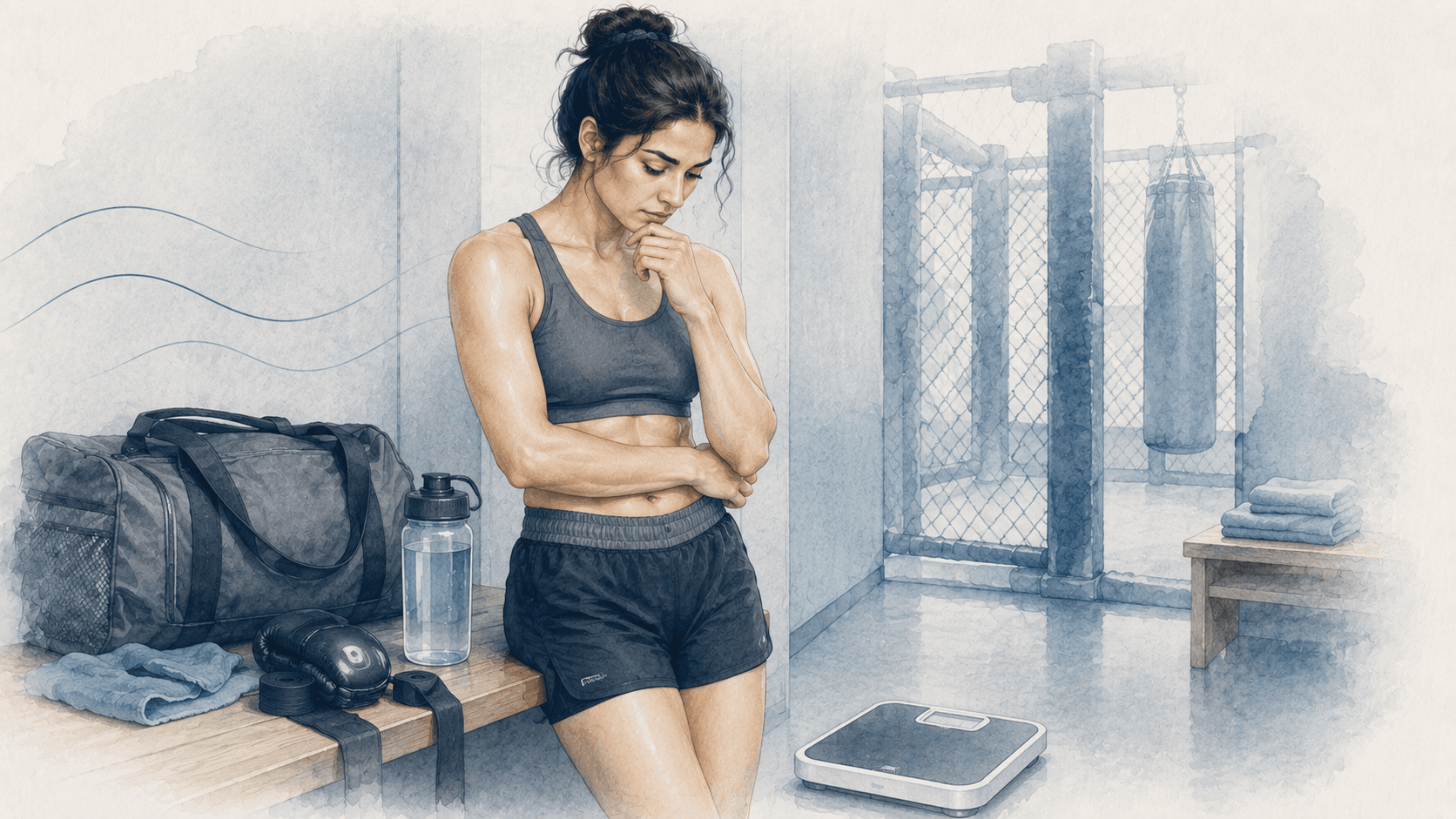An athlete in training clothes stands in a gym looking down at a bathroom scale, with boxing gloves, hand wraps and a water bottle on the bench and a cage and heavy bag behind.