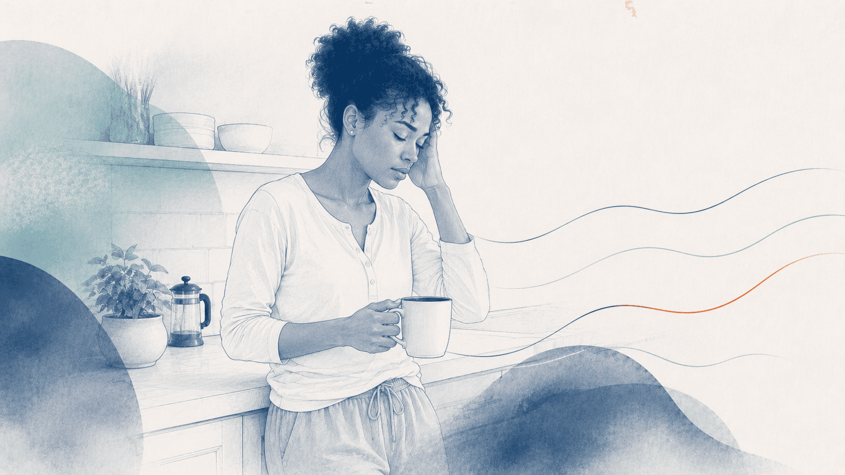 A tired woman leans against a kitchen counter in the morning, eyes closed and one hand pressed to the temple, holding a mug of coffee.