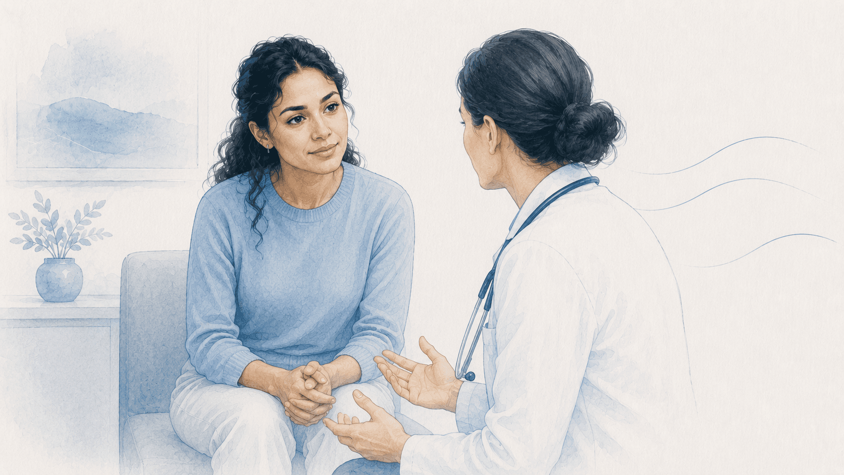 A patient seated in a consultation room listens as a clinician in a white coat and stethoscope explains something with open hands.