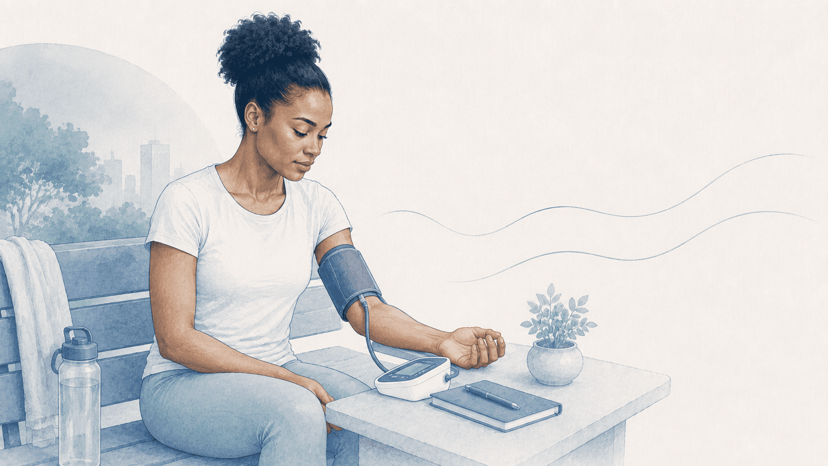 A woman sits on a park bench using a home blood pressure monitor, with a cuff on one arm and a notebook and pen on the table beside her, a city skyline behind.