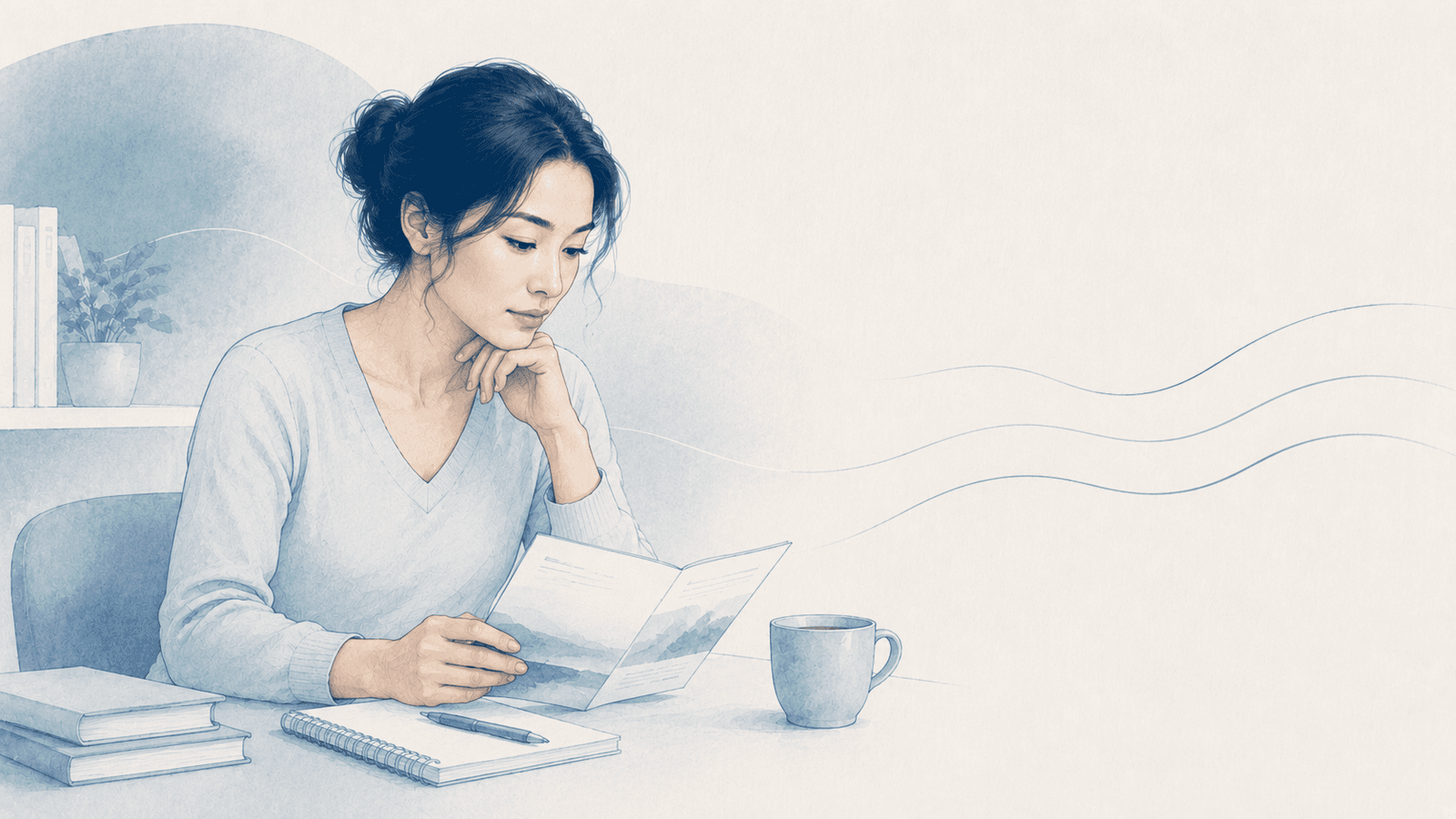 A woman sits at a desk reading an open health information leaflet, with a notepad, pen and mug on the desk beside it.