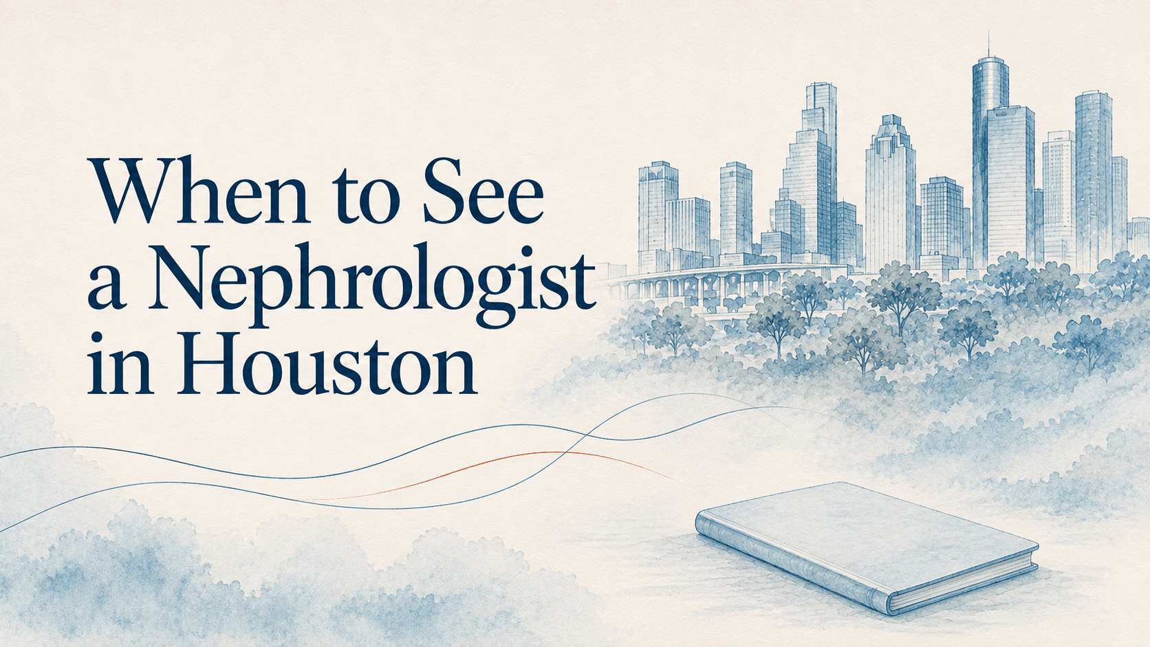 Title graphic reading "When to See a Nephrologist in Houston", set beside an illustrated Houston skyline with trees and a closed book in the foreground.