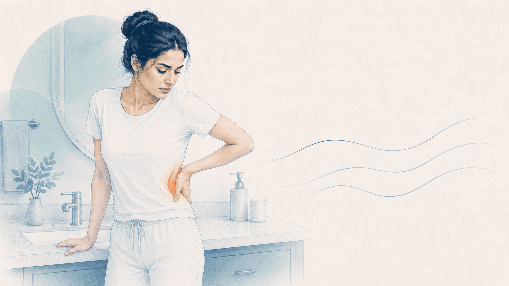 A woman stands in a bathroom pressing one hand to the side of the lower back, where an orange glow marks the flank area in which kidney pain is felt.