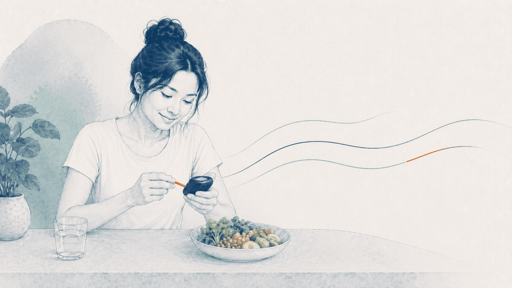 Minimal editorial imagery representing glucose monitoring and daily diabetes management.