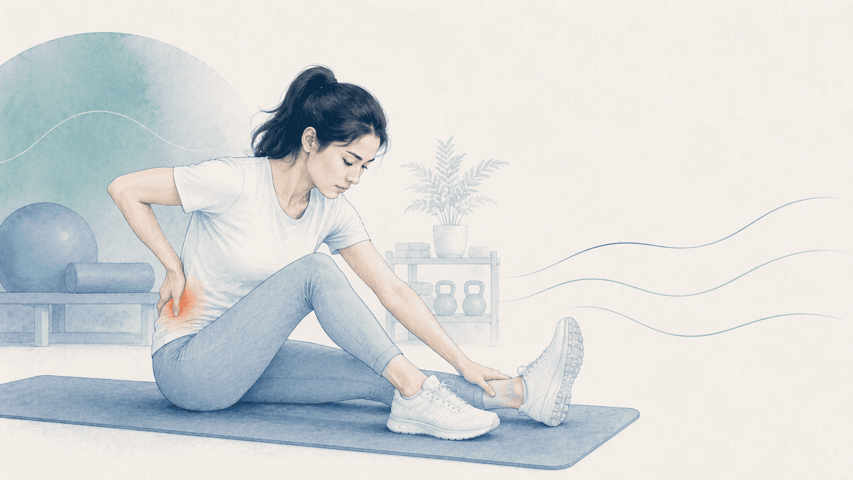 A woman sits on an exercise mat reaching toward one foot while holding the lower back, where an orange glow marks pain, in a room with an exercise ball, foam roller and kettlebells.