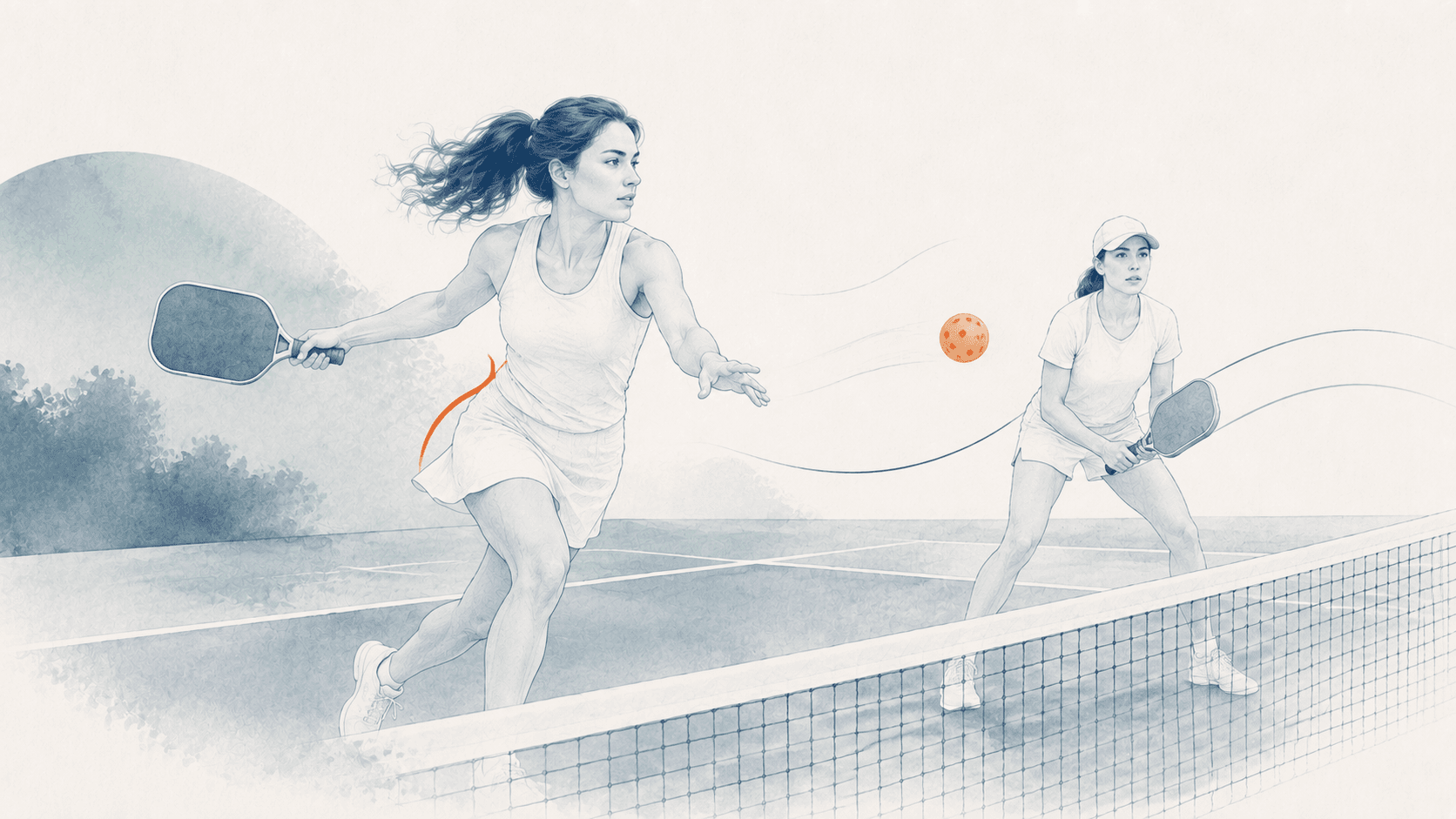 Pickleball player resting a hand on a sore elbow at the sideline of an outdoor court, paddle lowered.