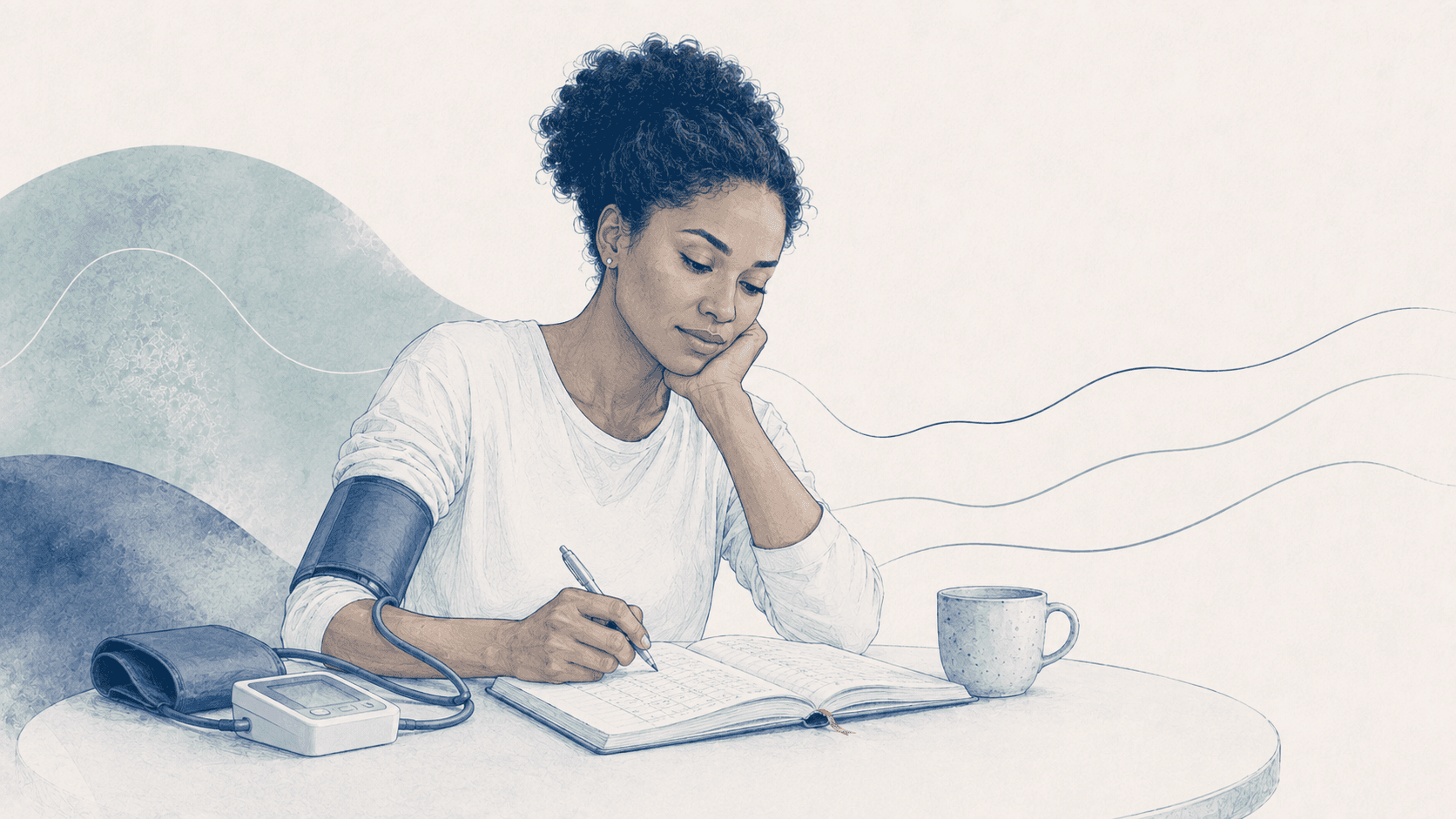 A woman sits at a table with a blood pressure cuff on one arm, writing a reading from a home monitor into an open logbook.