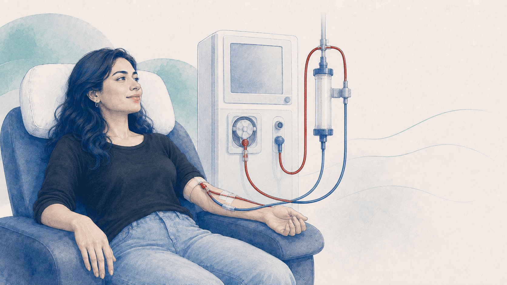 Minimal editorial imagery representing hemodialysis treatment and ongoing kidney care.